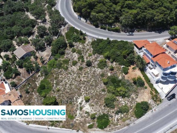 Aerial of the two adjacent plots by the coastal road in Avlakia, Samos