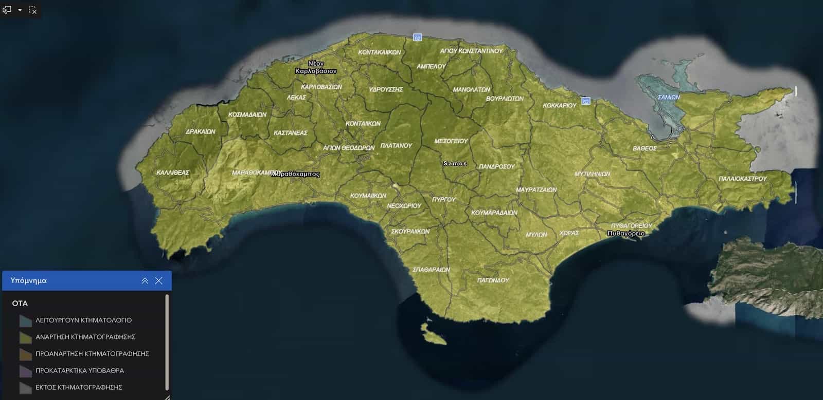 Samos Cadastre land registry system – completed areas map