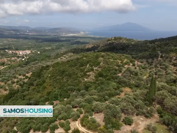 View across green valley to the coast from land near Pagondas, Samos