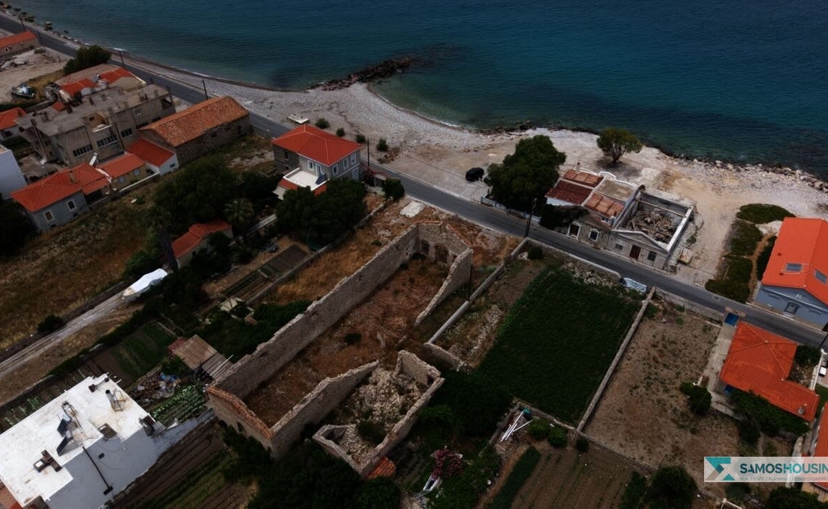 Aerial view of the SH589 plot boundaries and stone ruin next to cultivated garden plots in Karlovasi