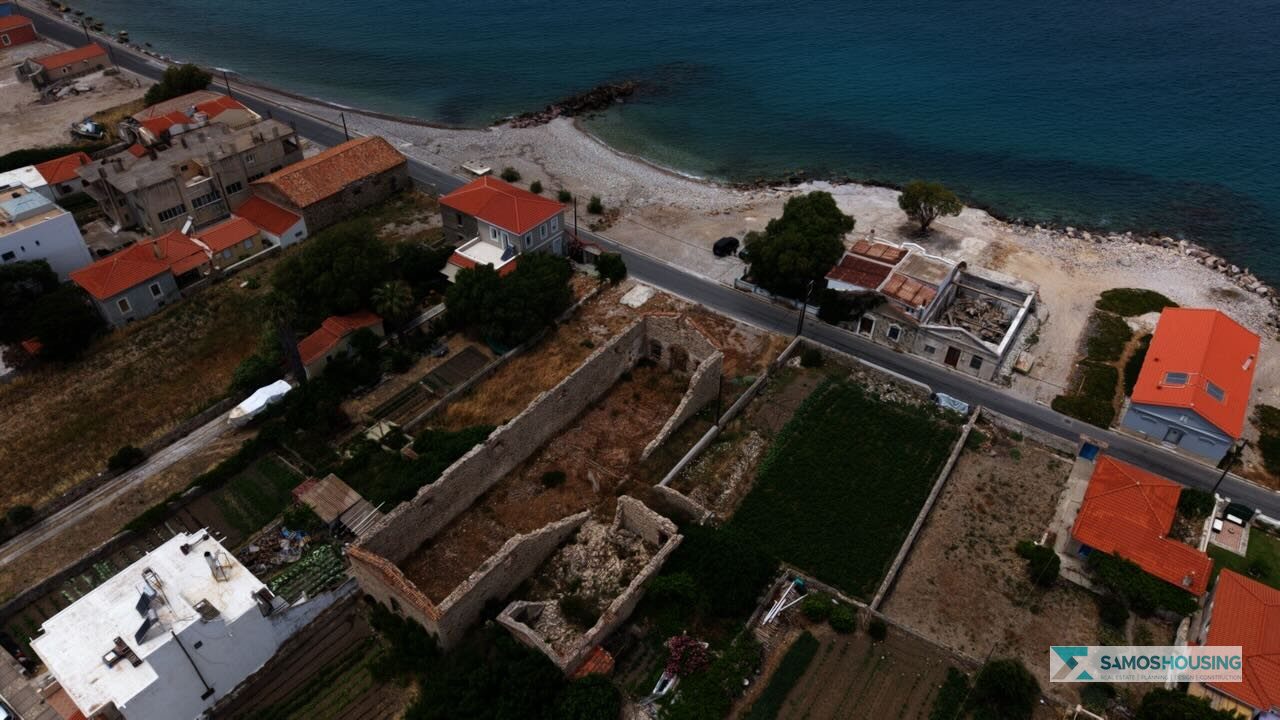 Aerial view of the SH589 plot boundaries and stone ruin next to cultivated garden plots in Karlovasi