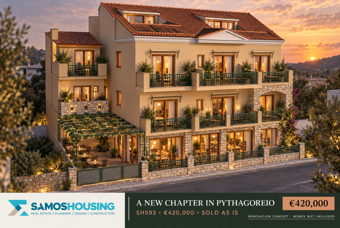 SH593 former hotel in Pythagoreio — illustrative renovation concept at dusk, not current condition
