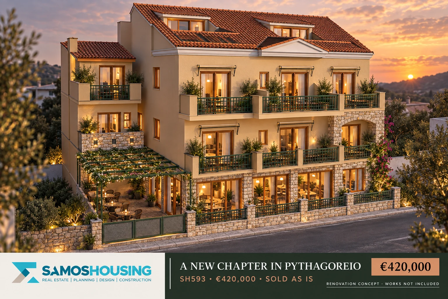 SH593 Pythagoreio — dusk renovation concept SH593 former hotel in Pythagoreio — illustrative renovation concept at dusk, not current condition