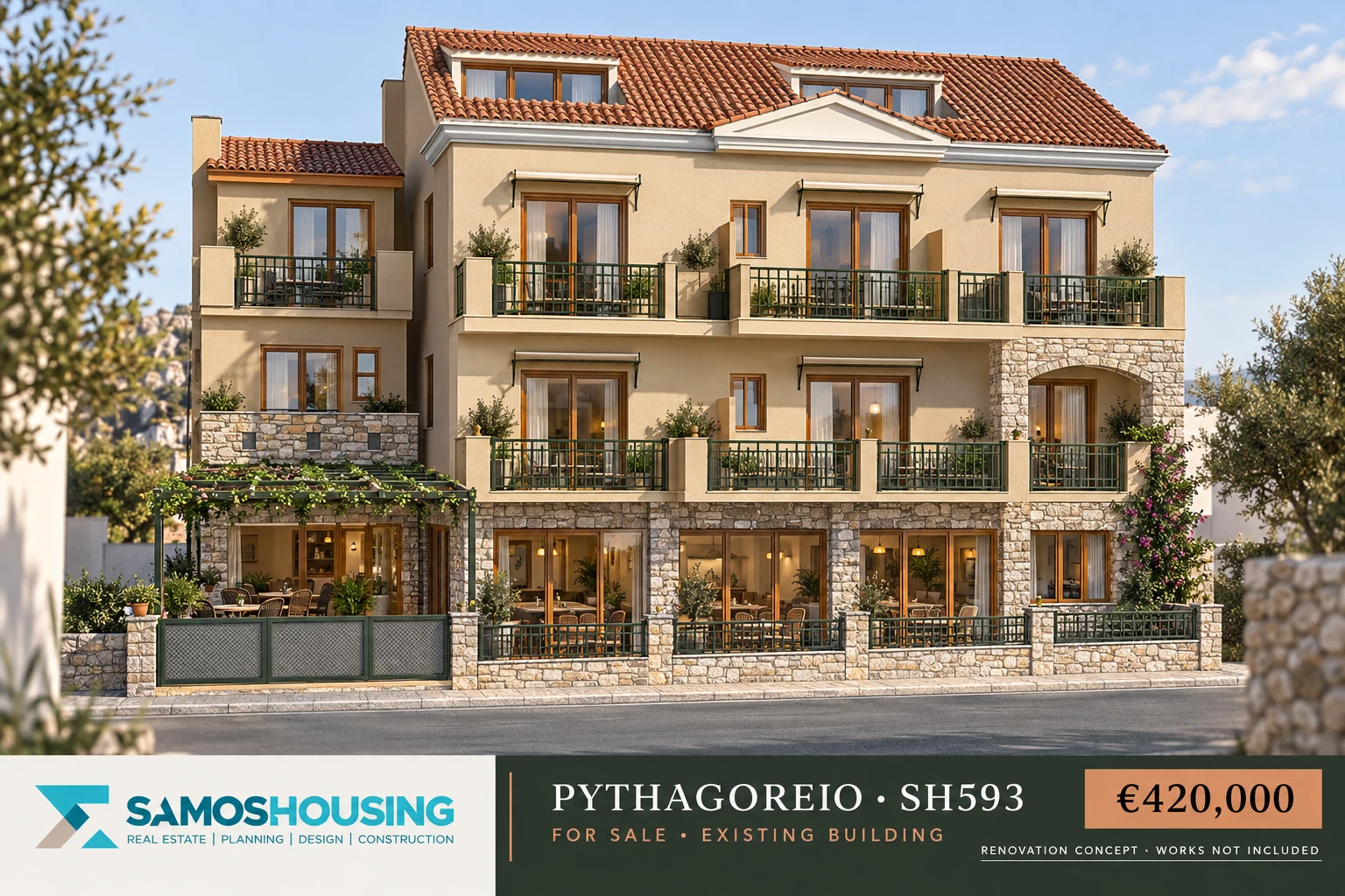 Pythagoreio building for sale SH593 — illustrative renovation concept