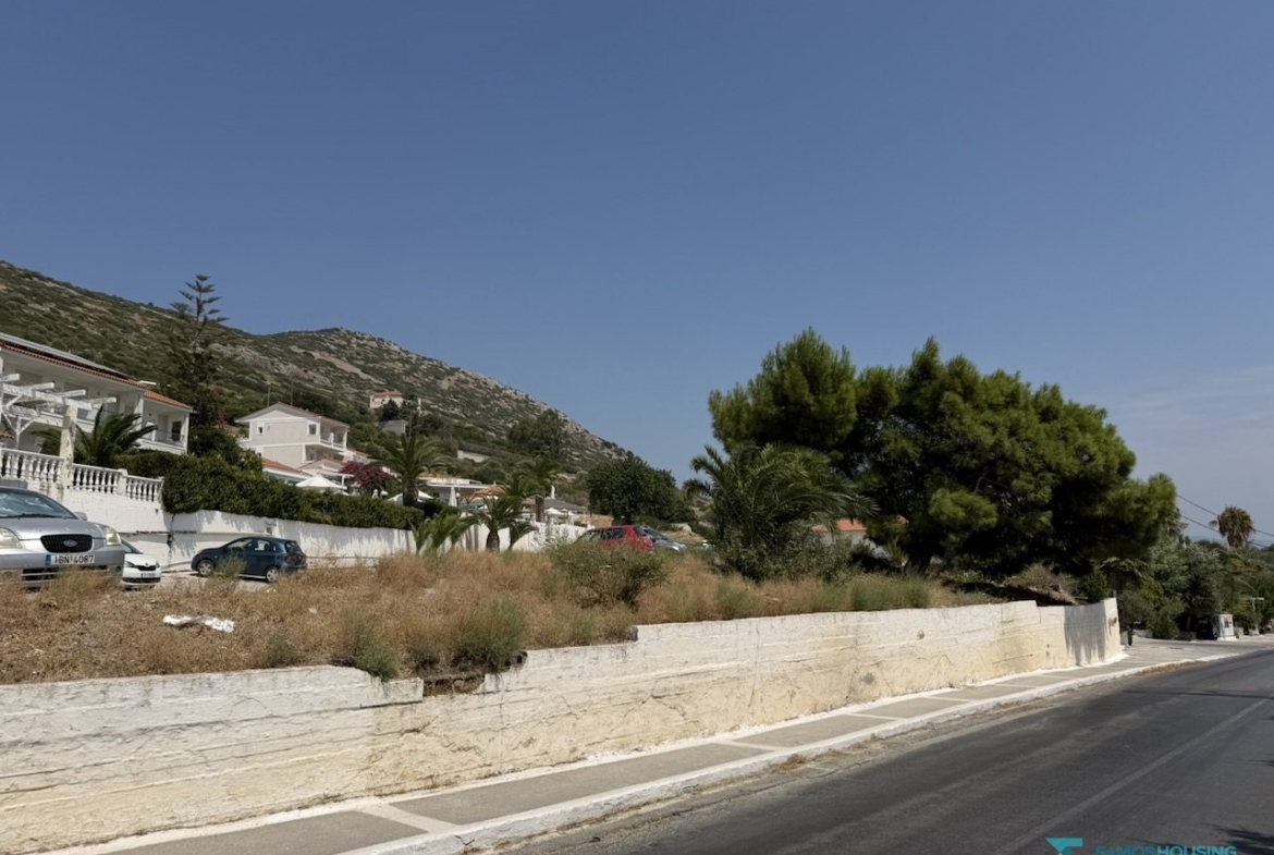 Paved road, pavement and boundary wall at the parcel edge, Samos