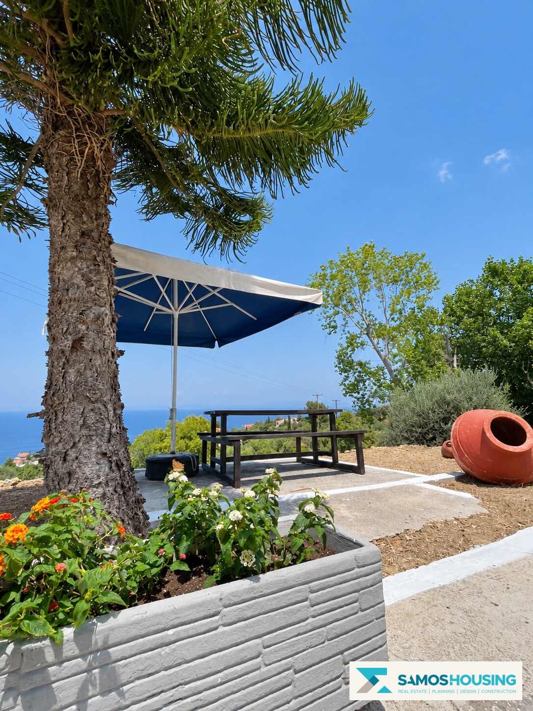 Outdoor seating beside the house