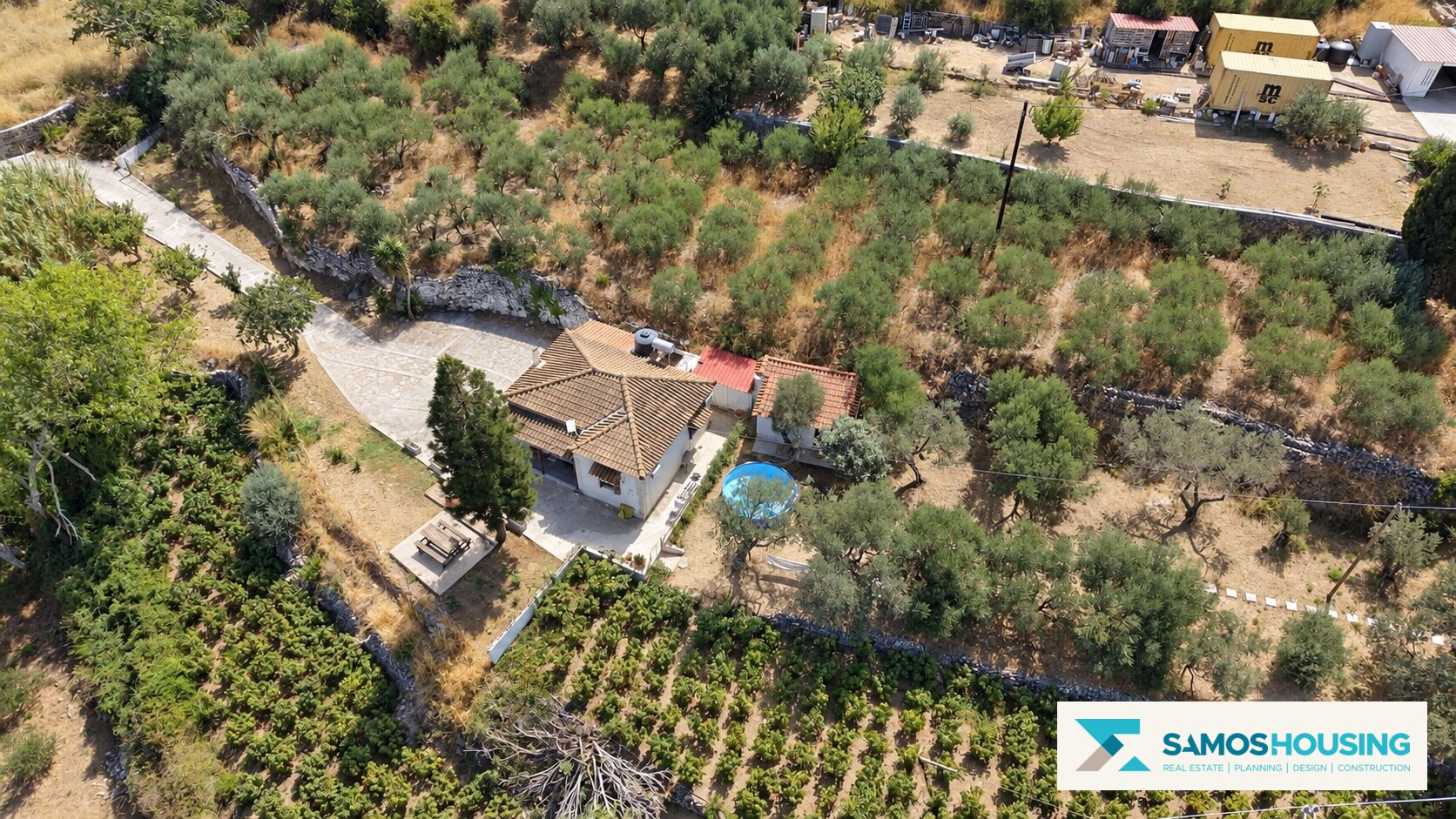 Aerial overview of the property and surrounding plots