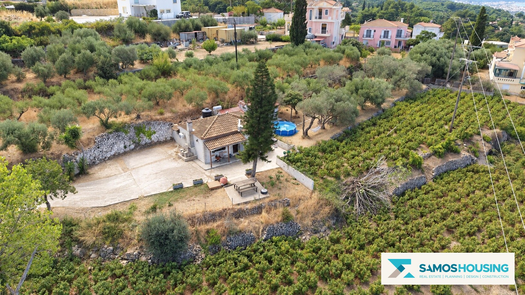 House and cultivated garden from above