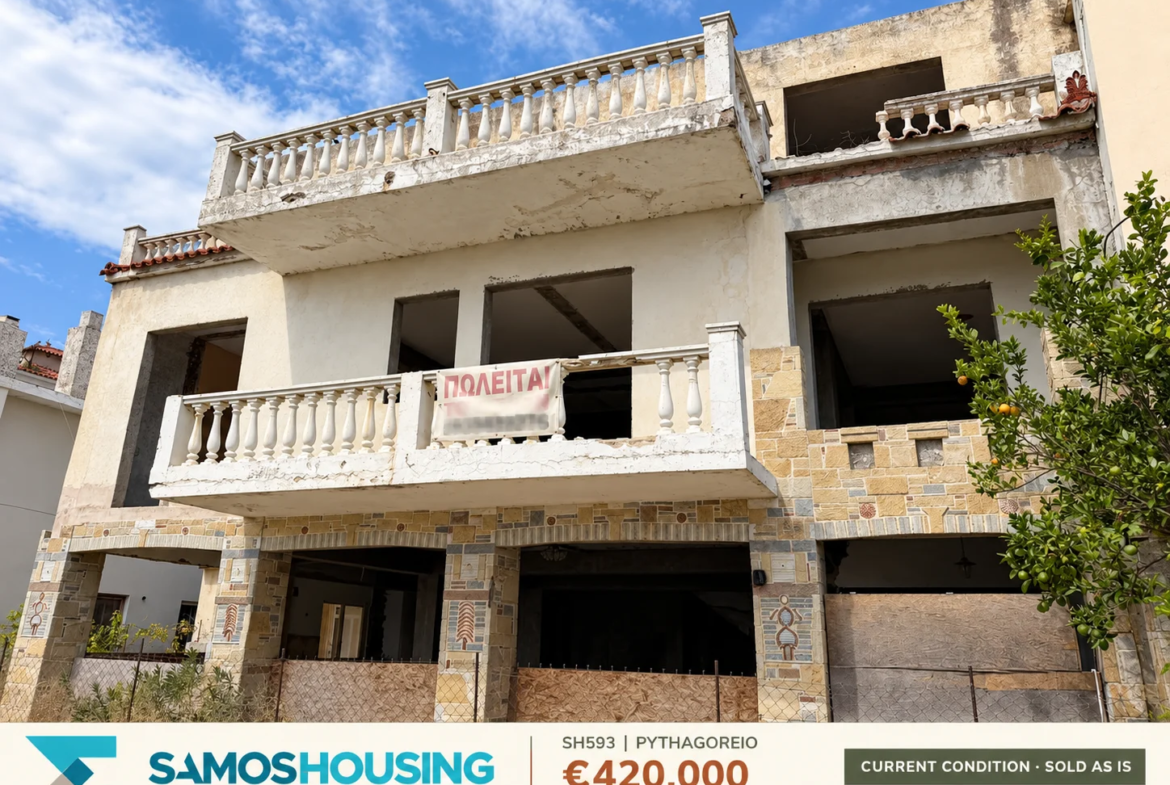 SH593 building for sale in Pythagoreio — existing front elevation before renovation