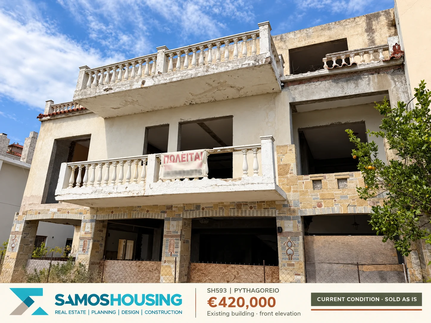 SH593 Pythagoreio building for sale with renovation study — Pythagorio, Samos