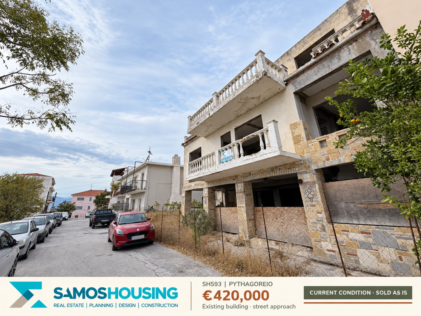 SH593 | Existing building · street approach SH593, Pythagoreio — existing building · street approach