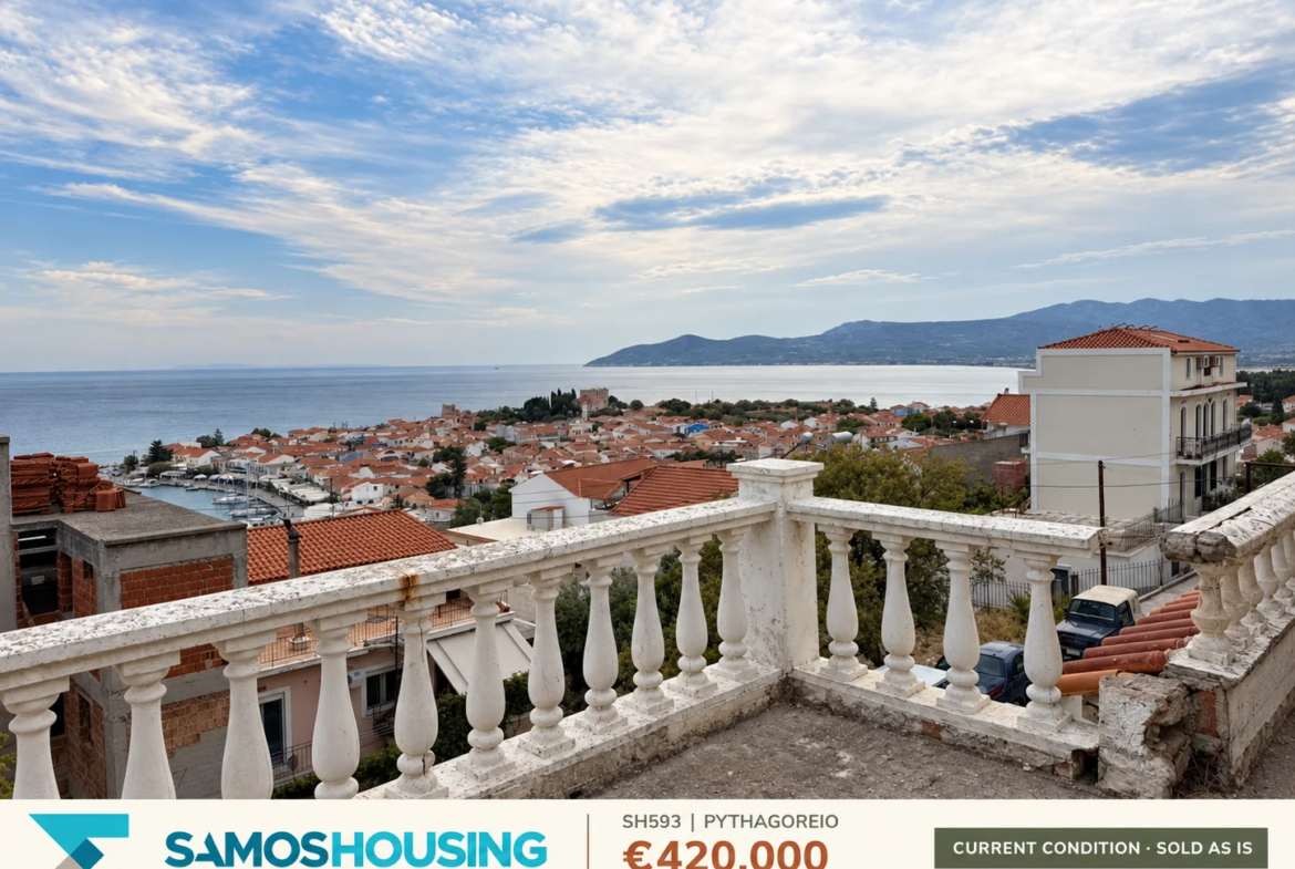 SH593, Pythagoreio — existing building · balcony outlook