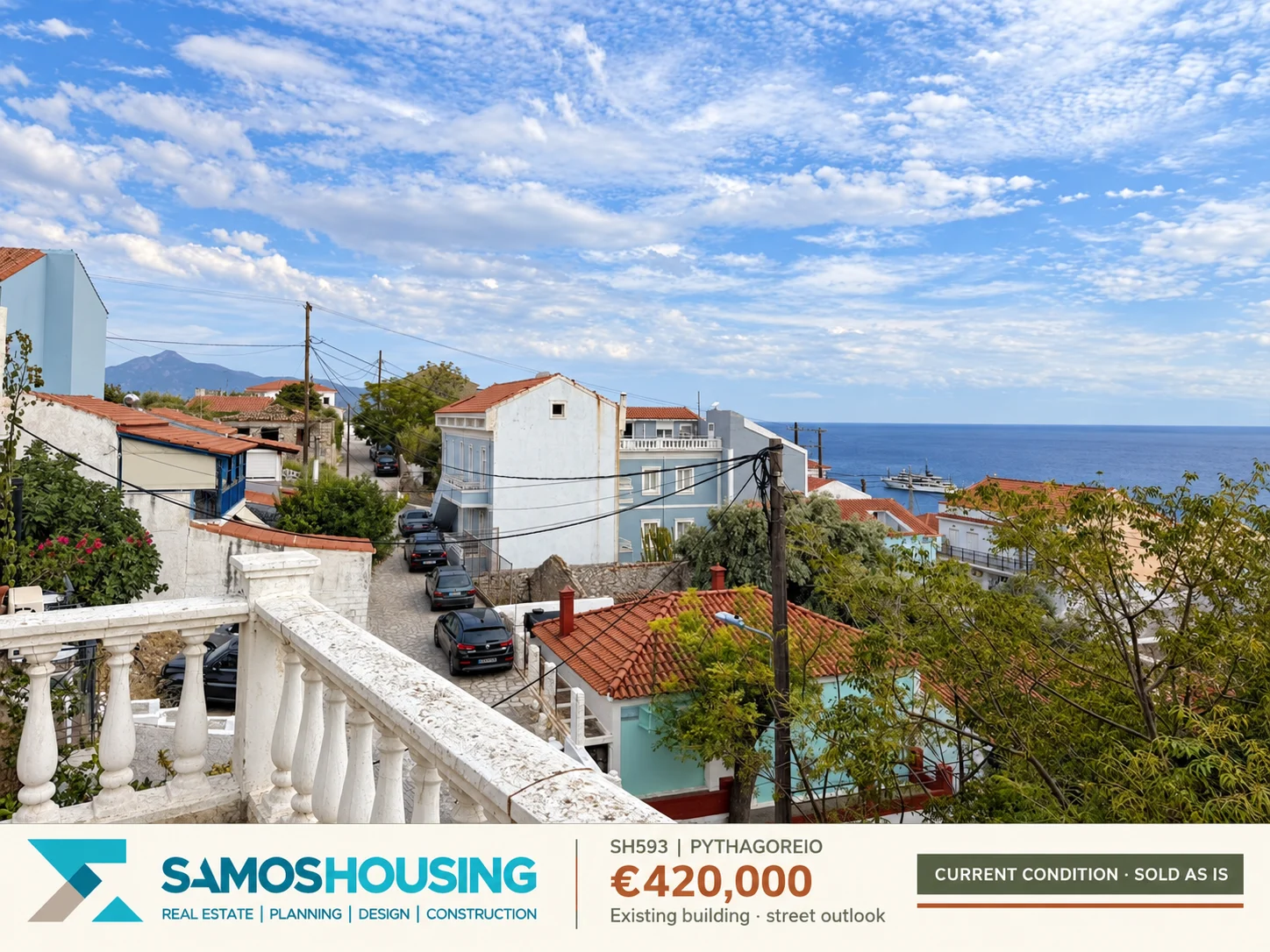 SH593 | Existing building · street outlook SH593, Pythagoreio — existing building · street outlook