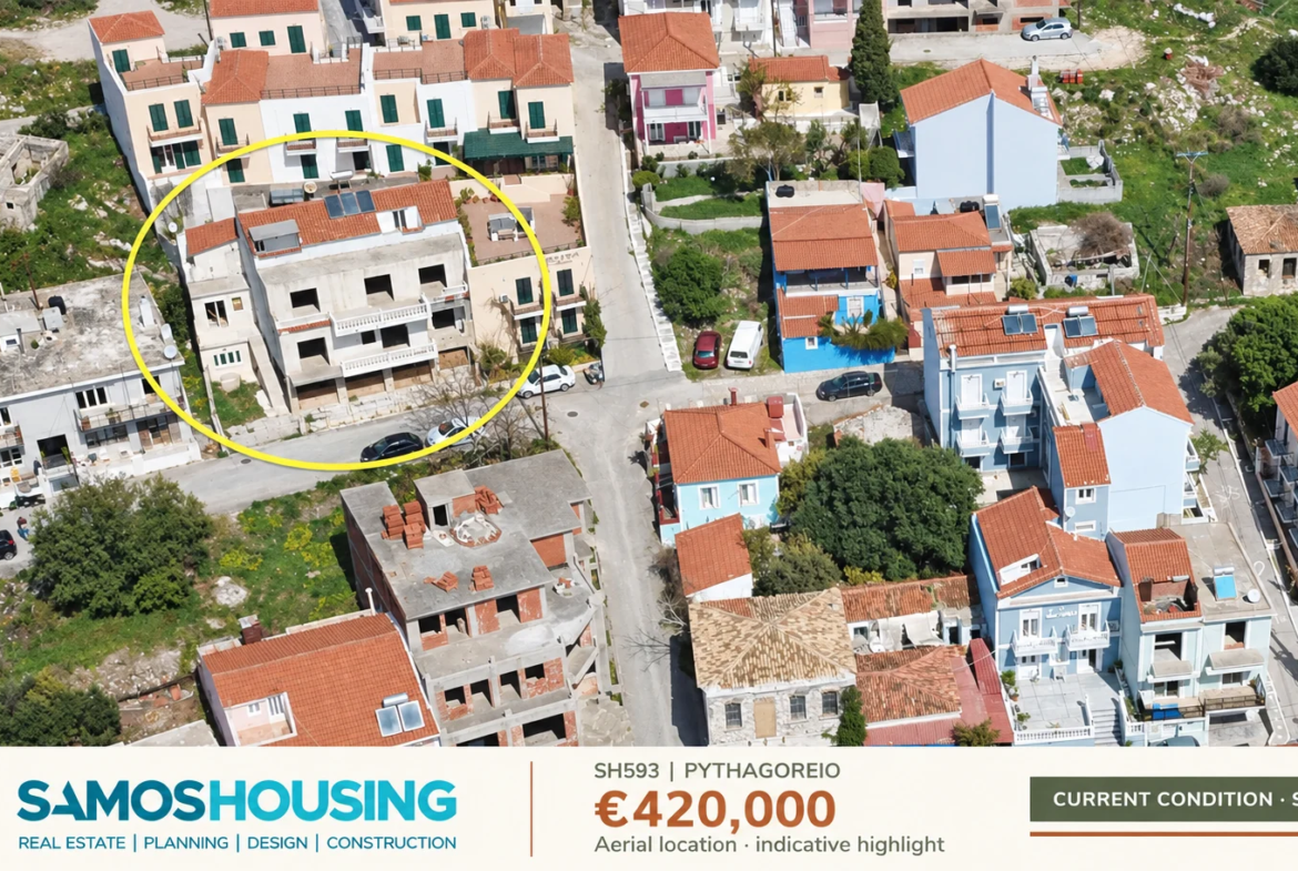 SH593, Pythagoreio — aerial location · indicative highlight