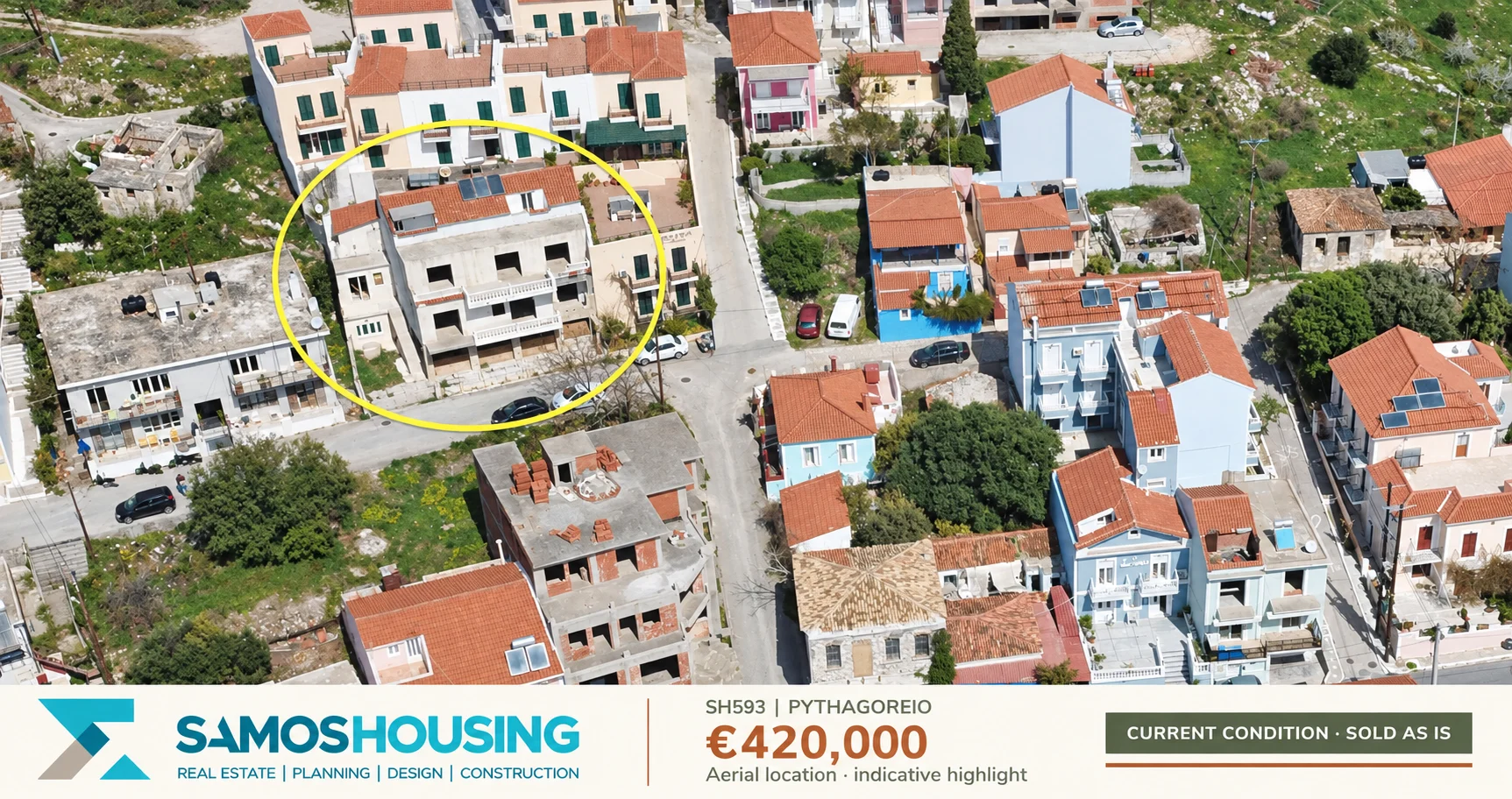SH593 | Aerial location · indicative highlight SH593, Pythagoreio — aerial location · indicative highlight