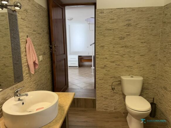Bathroom with vessel basin and timber door, Stavrinides house