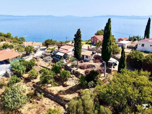 Sea view over Agia Paraskevi village and cypresses from the plot, Samos