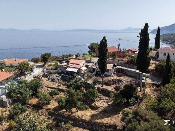 Agia Paraskevi village houses among olive groves and the sea