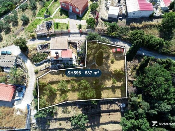 Aerial view of plot SH596 in Agia Paraskevi, Samos with indicative boundary outline from above